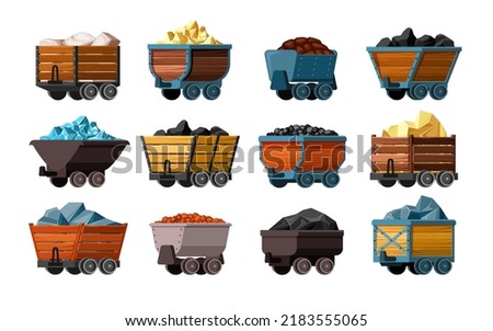 mining carts. gold mineral stones diamonds and other treasures in containers. Vector mining vehicles