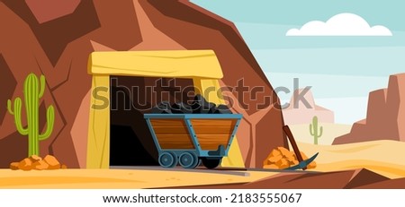 mine. outdoor background landscape with minecarts with treasures minerals containers. Vector cartoon template