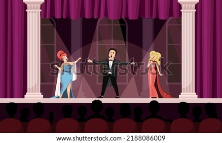 opera artists. opera male singer on scene singing. Vector cartoon performing persons background