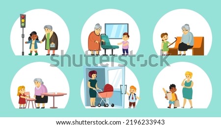 good manners kids. polite little people children giving way to elderly characters and helping to parents. Vector set conceptual pictures