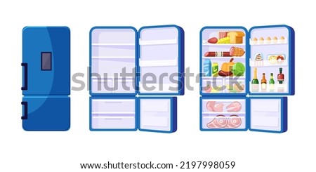 refrigerator. open and closed empty and full products kitchen refrigerator. Vector colored pictures collection