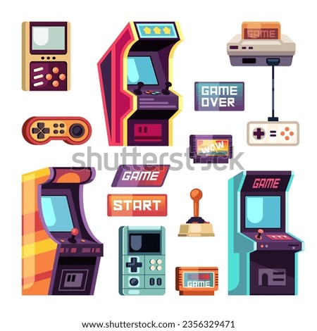 retro game machines. 8 bit retro style game machines, cartoon vintage arcade game controllers, slot machines. vector cartoon set of isolated objects.