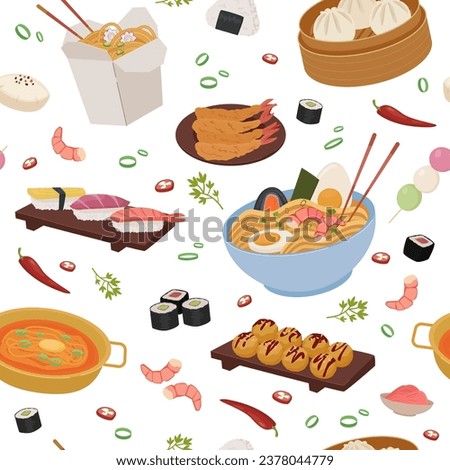 Chinese food pattern. chow Mein, sweet and sour chicken, spring rolls, dim sum, wonton, minimalistic flat cartoon delicious Chinese Asian food. vector China kitchen foods flat seamless pattern.