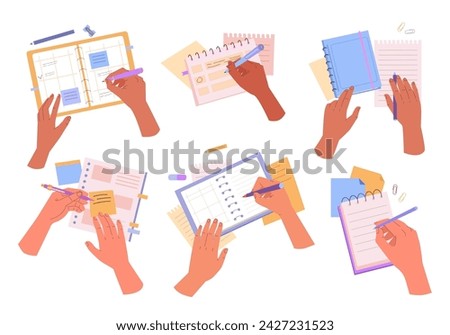 top view writing. office desktop view, Hand making note, holding pen and writing down goals planning and organization, Effective time management. vector cartoon concept graphics.