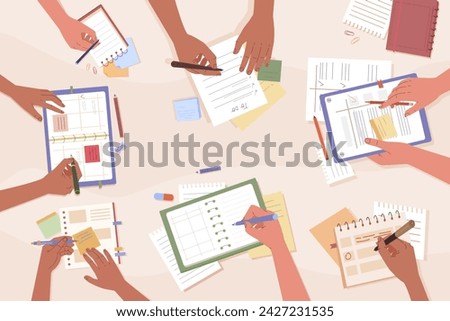 top view writing. office desk top view, Hands making note, Effective time management, holding pen and writing down goals planning and organization. vector cartoon flat concept background.