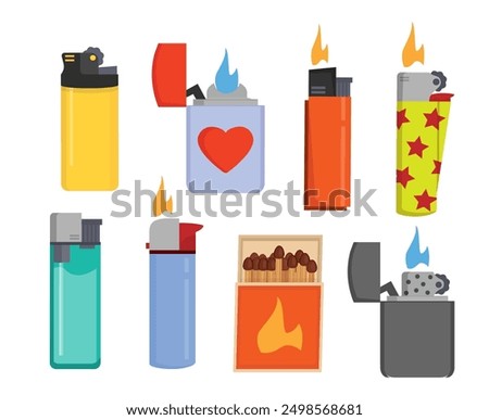 lighters set. fuel gasoline flaming heat lighters collection, cartoon flat burning accessory, smoking fire and light plastic equipment. vector cartoon objects set.