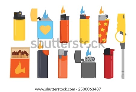 lighters set. cartoon flat burning accessory, smoking fire and light plastic equipment, fuel gasoline flaming heat lighters collection. vector cartoon objects set.