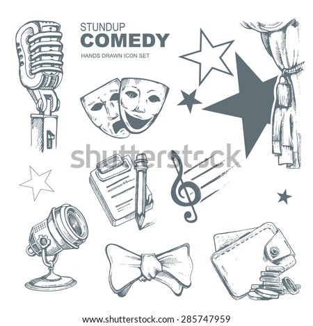 Icons set for standup comedy show. Hand drown funny pictures