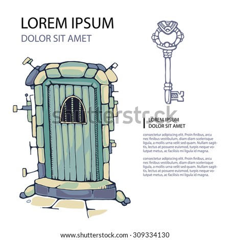Hand drawn picture of green ancient door isolated in white wall from bricks. template for cover magazin with place for your text