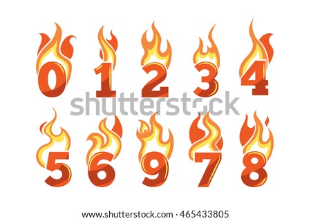 vector cartoon icons set of orange Flaming Numbers. Pictures isolate on light background. Illustrations for your personal emblems or logo design