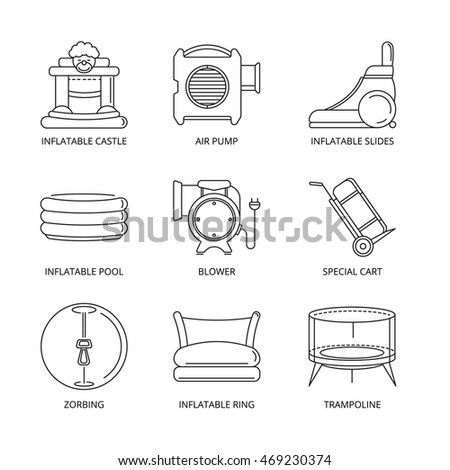 Vector mono line icons set of inflatable castles, slides, round pool, trampoline for kids and accessory for inflatable playground. Linear style for your personal design project