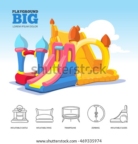 Vector poster with two big inflatable slides and set of line icons castles, slides, round pool, trampoline for kids and accessory for games on playground. Linear style for your personal design project