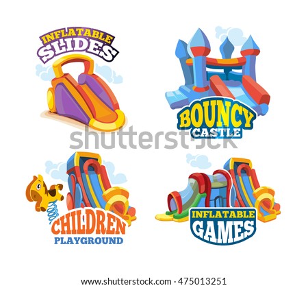 Vector illustration set of color emblems with toys for games on inflatable playground. Advertise labels with place for your text. Pictures isolate on white background. Flat style