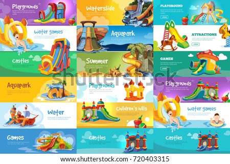 Big set of horizontal web banners with playgrounds and water parks. Illustrations with inflatable castles. Vector template for designers with place for your text