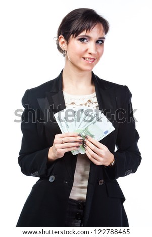 young, beautiful, happy woman with a bundle of money