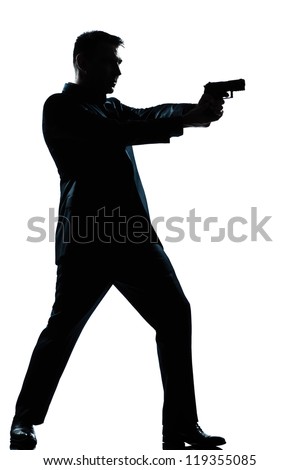 One Caucasian Spy Criminal Policeman Detective Man Aiming Shooting Gun ...