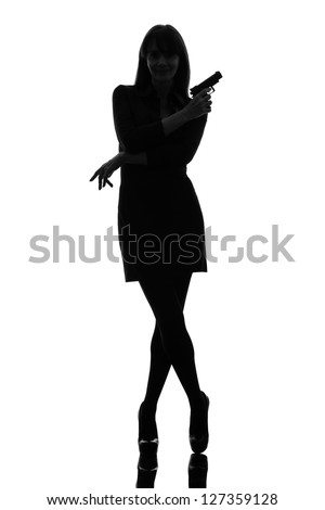 One Caucasian Sexy Detective Woman Holding Aiming Gun In Silhouette ...