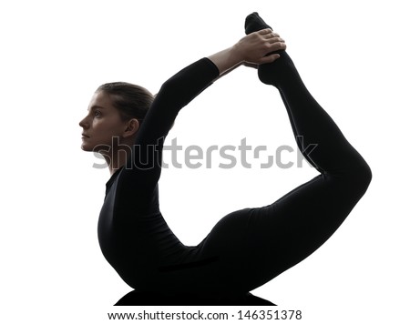 one caucasian woman  practicing gymnastic yoga  urdhva dhanurasana upward bow pose in silhouette   on white background