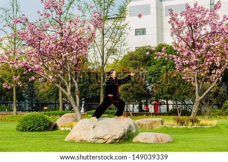 SHANGHAI - APRIL 7: one old woman  exercising tai chi with traditional costume in gucheng park in the city of Shanghai in China on april 7th, 2013