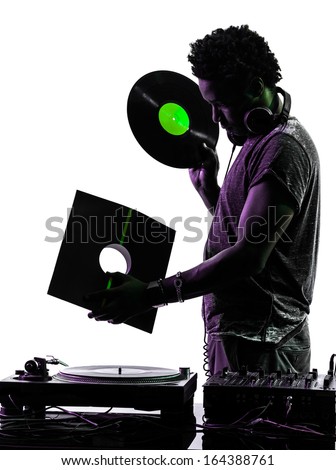 one disc jockey man holding vinyl disc in silhouette on white background