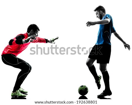 two  soccer player goalkeeper men face to face competition in silhouette isolated white background