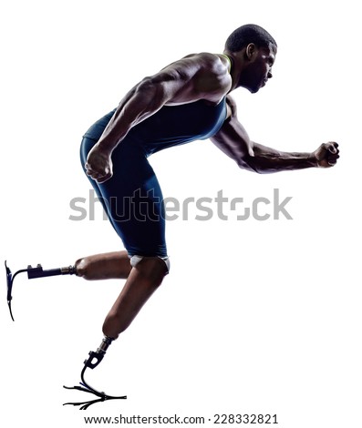 one muscular handicapped man runners sprinters with legs prosthesis in silhouette on white background