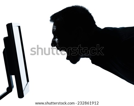 one  business man face screaming silhouette with computer screen display portrait in studio isolated on white background