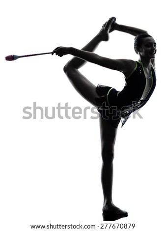 one caucasian woman exercising Rhythmic Gymnastics in silhouette isolated on white background