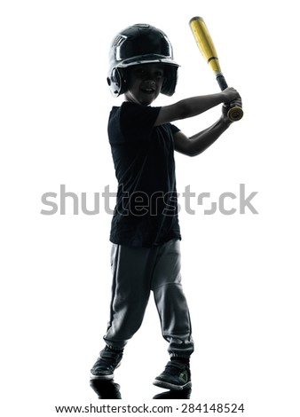 child playing softball players in silhouette isolated on white background