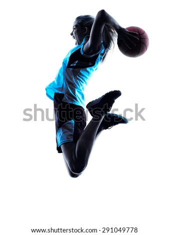 one  caucasian woman basketball player dribbling in silhouette isolated white background