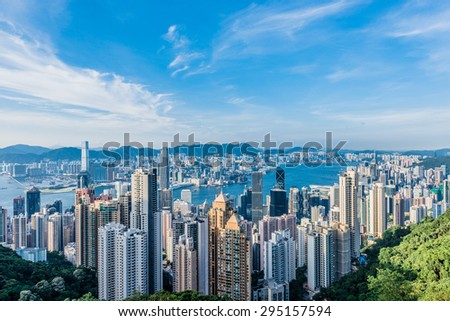 Central, Hong Kong, China- June 2 , 2014: Hong Kong Bay and Central skyline cityscape