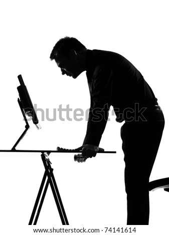 silhouette caucasian business man  computing expressing behavior full length on studio isolated white background