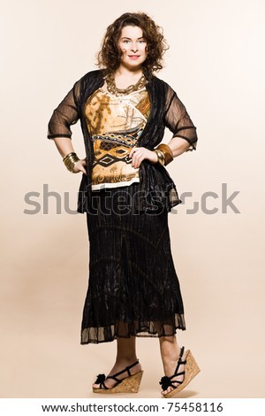 large build caucasian woman full length spring summer fashion models clothes clothings on studio isolated plain background