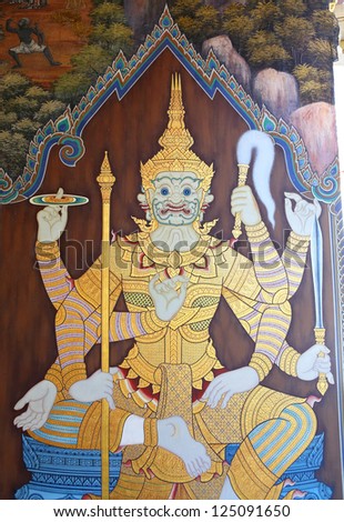 BANGKOK, THAILAND - JANUARY 14 : Traditional Thai painting art about Ramayana story on display at the temple wall Wat Prakaew on January 14, 2013 in Bangkok, Thailand.