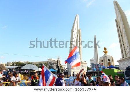 BANGKOK,THAILAND - DECEMBER 1: Anti-government protesters to the Democracy Monument. The protest Against The Amnesty bill in Bangkok, capital of Thailand on 1 December 2013