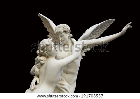 Sculpture of an angel and woman isolated on black background
