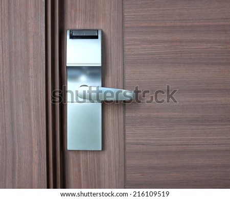 modern stainless with card insert handle on wood door