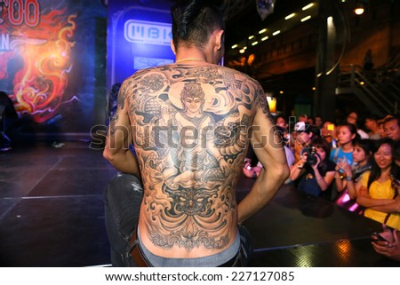 BANGKOK, THAILAND - OCTOBER 23: Unidentified contestant's tattoo at MBK Center 