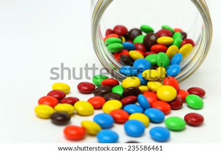 Colorful sugar-coated chocolate smarties in a glass jar on a white background