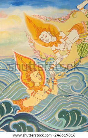 BANGKOK ,THAILAND - JANUARY 17 : masterpiece of traditional Thai style painting art old about Buddha story on temple wall at Trimit temple on January 17, 2015 in Bangkok, Thailand