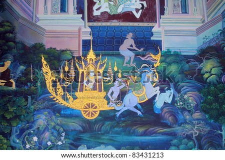 masterpiece of traditional Thai style painting art old about Ramayana story on temple wall at Watphrakaew, Bangkok,Thailand