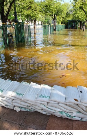 BANGKOK, THAILAND - OCTOBER 29 : Sandbags to prevent flooding after Water burst its banks on the Chao Phraya River on October 29, 2010 in Bangkok, Thailand.