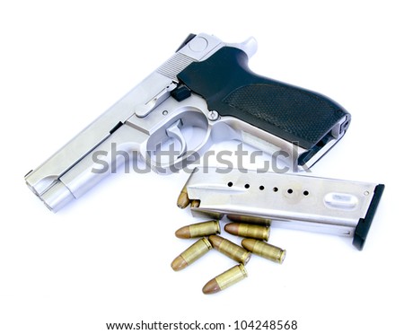 bullets and Semi-automatic gun isolated on white background
