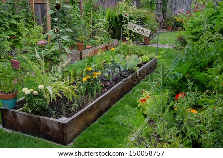 A raised bed filled with herbs and vegetables is nestled in the center of two other narrow gardens. A rustic, delightful sign adds an artistic accent.