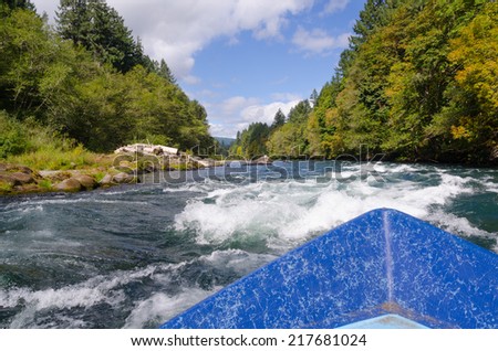 View of approaching white water on a bright summer day from a drift boat on Oregon\'s Mckenzie River near Eugene Oregon.