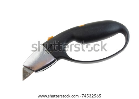 black handled utility knife with hand guard and retractable blade isolated on white