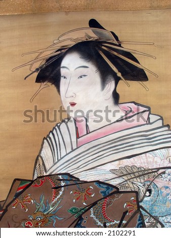 Beautiful Japanese woman wearing traditional kimono. Japan, 18th century silk painting.