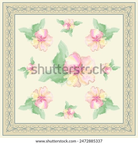 Silk scarf with large watercolor apple flowers and leaves. Elegant ornamental frame on beige background. Grace template for bandanas and other textile designs. Summer textile collection. Vecror.