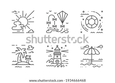 Summer seaside holyday vector icons set. The icons are pixel perfect, with editable stroke, carefully crafted with high attention to the detail. Outlined layer included.