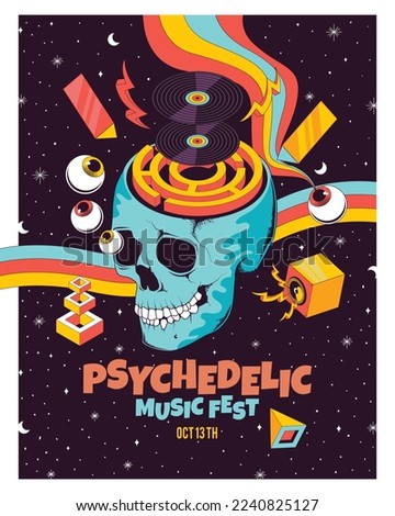 Psychedelic Music Poster with Skull, Eye, Rainbow, Vinyl Record, Sound, and Galaxy Background Illustration